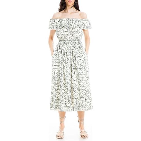 Max Studio | Smocked Floral Midi Dress White Blue Green Off Shoulder Large L - Picture 1 of 8
